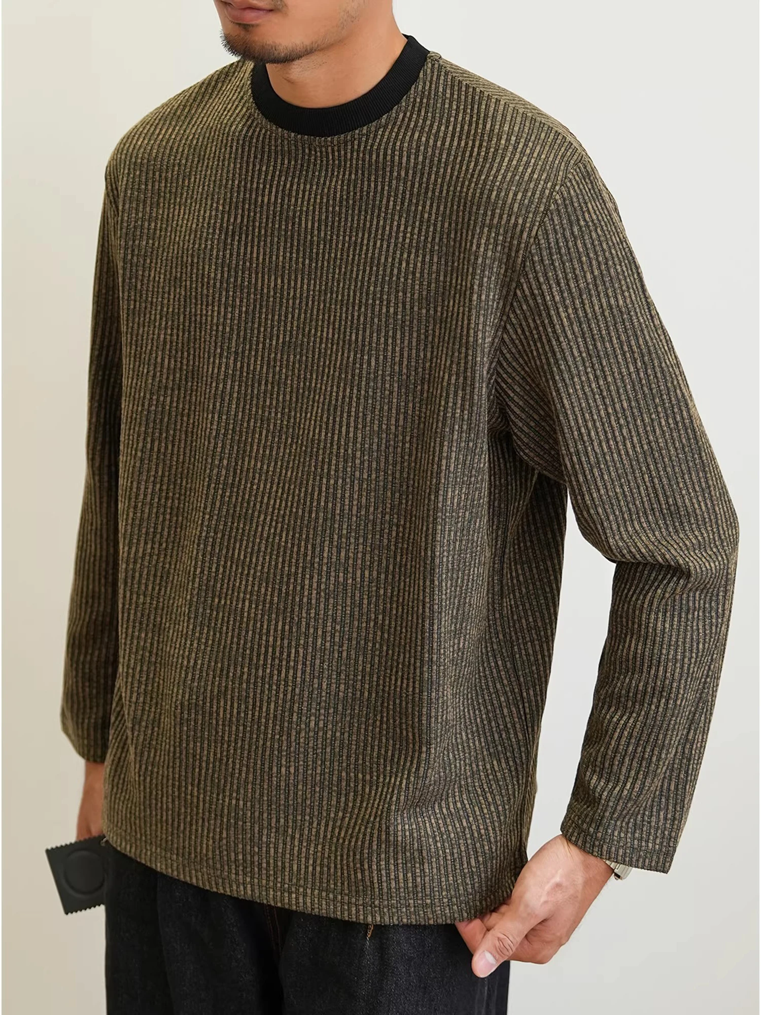 

Men's Casual Long Sve T-irt Autumn Winter American Sle Elastic Anti-Wrinkle Texture Vertical Stripes Leisure Base Top