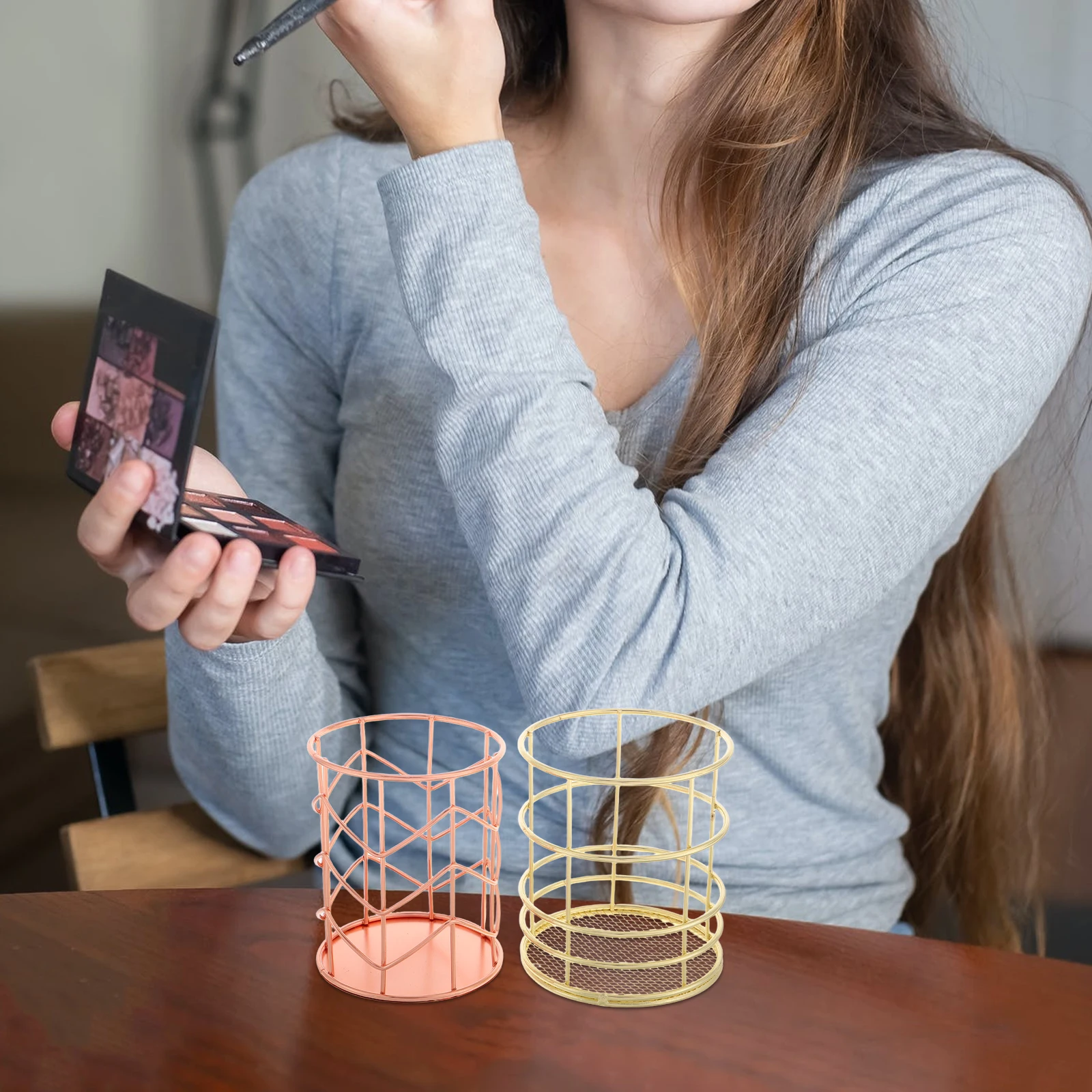 

2 Pcs Desktop Pen Holder Pencil Make up Makeup Brush Container Wrought Iron Cup Home Storage Organizer Office Accessories Cups