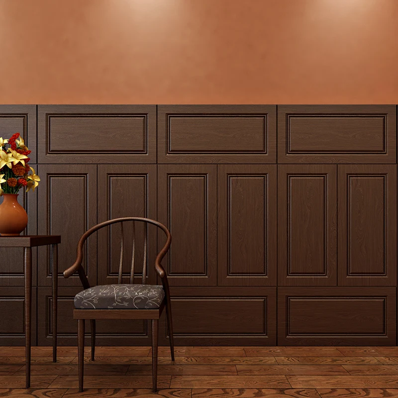 Retro American Style Self Adhesive 3D Wall Paper Brown Black Walnut Wood Grain Wall Wainscoting Paneling Waterproof Decorativ...