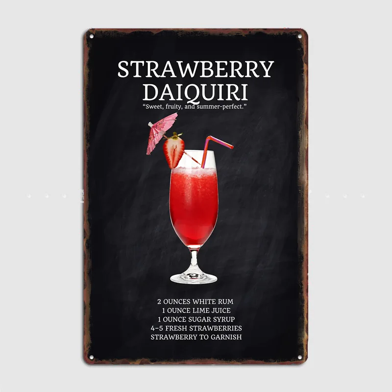 Strawberry Daiquiri Cocktail Recipe Drink Poster Retro Metal Custom Sign Pub Club Room Decoration Bar Posters Home Wall Decor