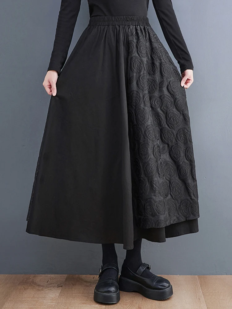 

Black Vintage High Waist Patchwork Skirt Women Plus Size Loose Casual Midi Skirts Fashion Elegant Clothing Spring Autumn 2023