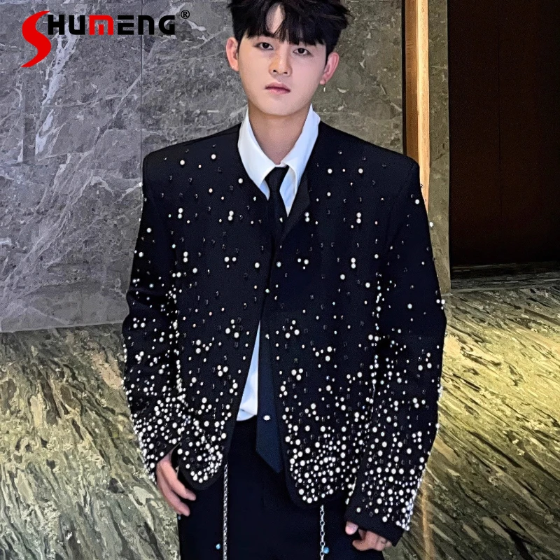 

Men's 2025 Padded Shoulder Jackets Male Small Fragrant Beaded Rhinestone Design Trendy Jackets Handsome Unique Delicate Coats