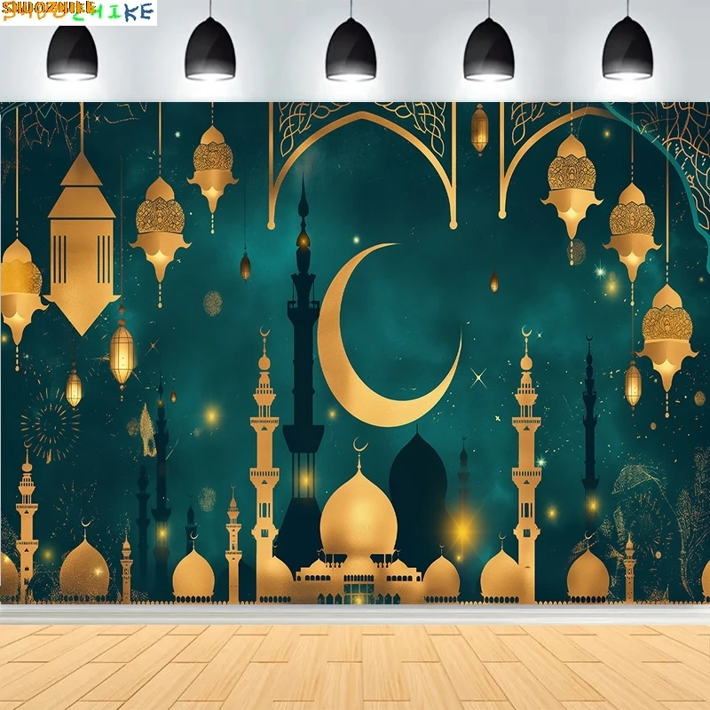 

Ramadan Shiny Golden Crescent Moon Lanterns Background Eid Mubarak Arabic Islamic Mosque Palace Photography Backdrops MO-05