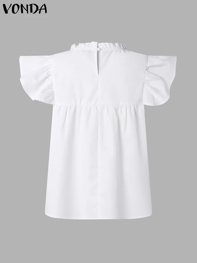 Elegant Ruffled Shirts 2023 VONDA Women Blouse Summer Short Sleeve Casual Loose Tunic Solid Tops Fashion Stand Collar Blusas