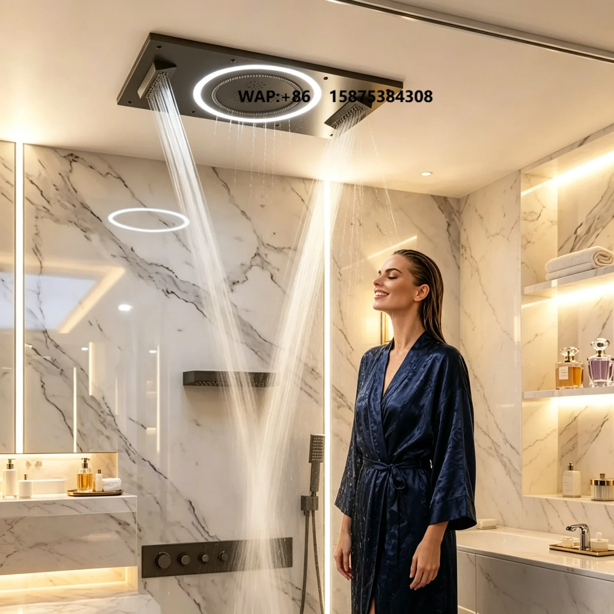 800*450 MM Luxury 5 Functions Shower Set LED Large Rain Waterfall Mist Ceiling Recessed Shower Head Thermostatic for Hotel