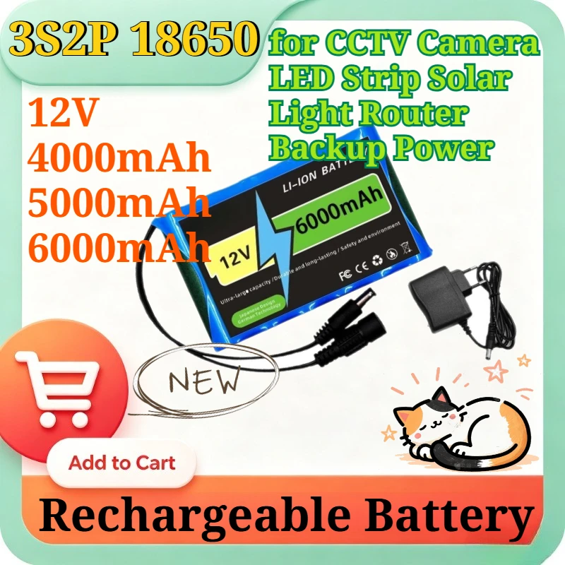 

New 12V 6000/5000/4000mAh Li-ion Battery Pack 3S2P 18650 Rechargeable Battery with BMS and Charger for Light Router Backup Power