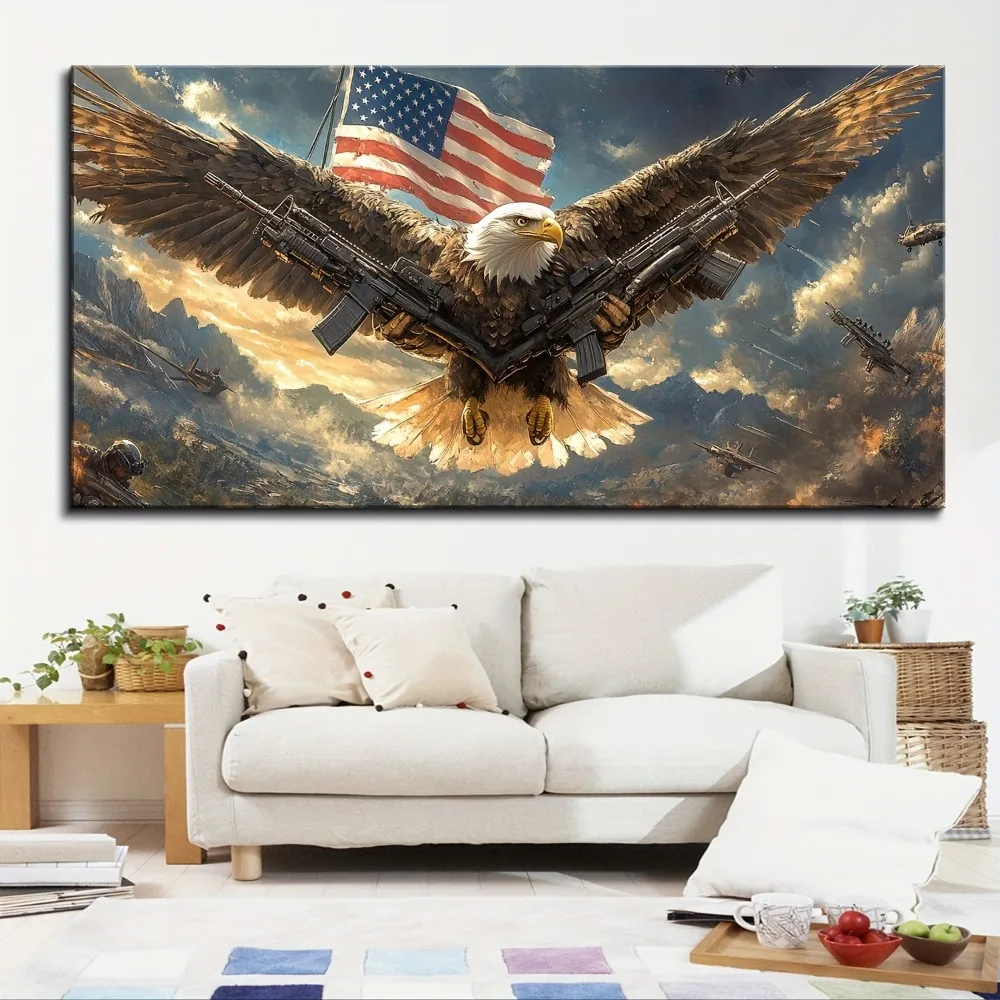 

1.5 inch thick pine solid wood frame, natural animal mural, eagle mural, eagle image on art deco canvas