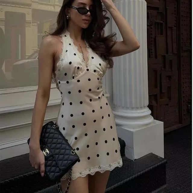 YENKYE Lace Spliced Polka Dot Halter Dress Women Elegant A-line Mini Sexy Backless Dresses Summer Robe 2025
