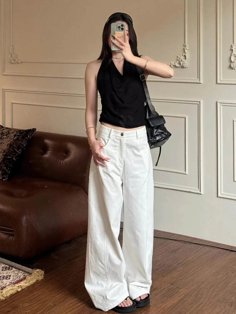 

Белые свободные брюки-кюлоты с высокой талией, повседневные широкие прямые длинные брюки, осенняя новинка 2025 года, женские джинсы