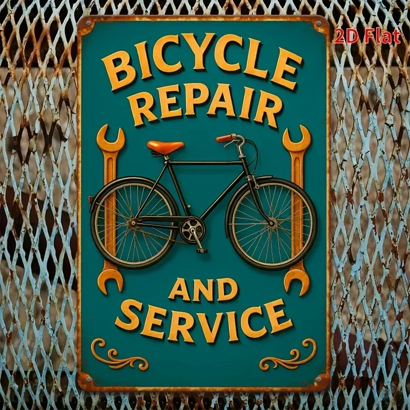 Letrero metálico de reparación y servicio de bicicletas, verde rústico con detalles en naranja y blanco, perfecto para decorar