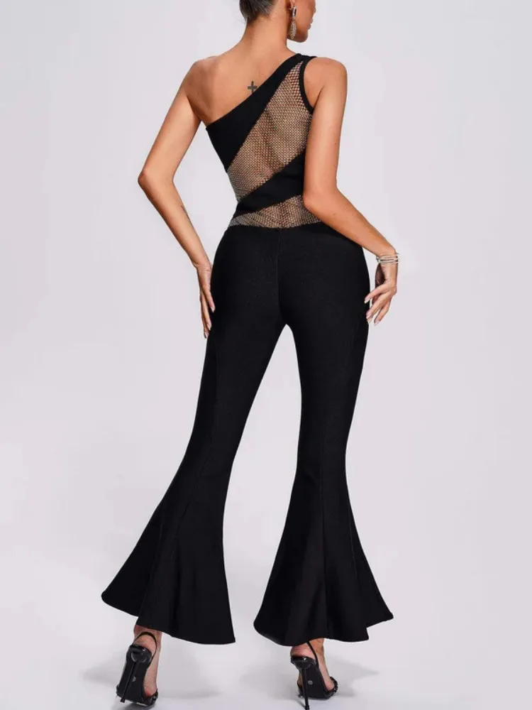 2023 Women Summer Style Sexy One Shoulder Hollow Out Wide Leg Pants Black Bandage Jumpsuit Designer High Street Rompers