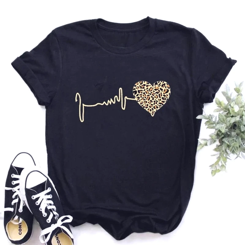 

Summer New 90 's Leopard Heartbeat Short Sleeve Print Clothing Leopard Women's T-Shirt Harajuku Graphic Clothing Women's Top