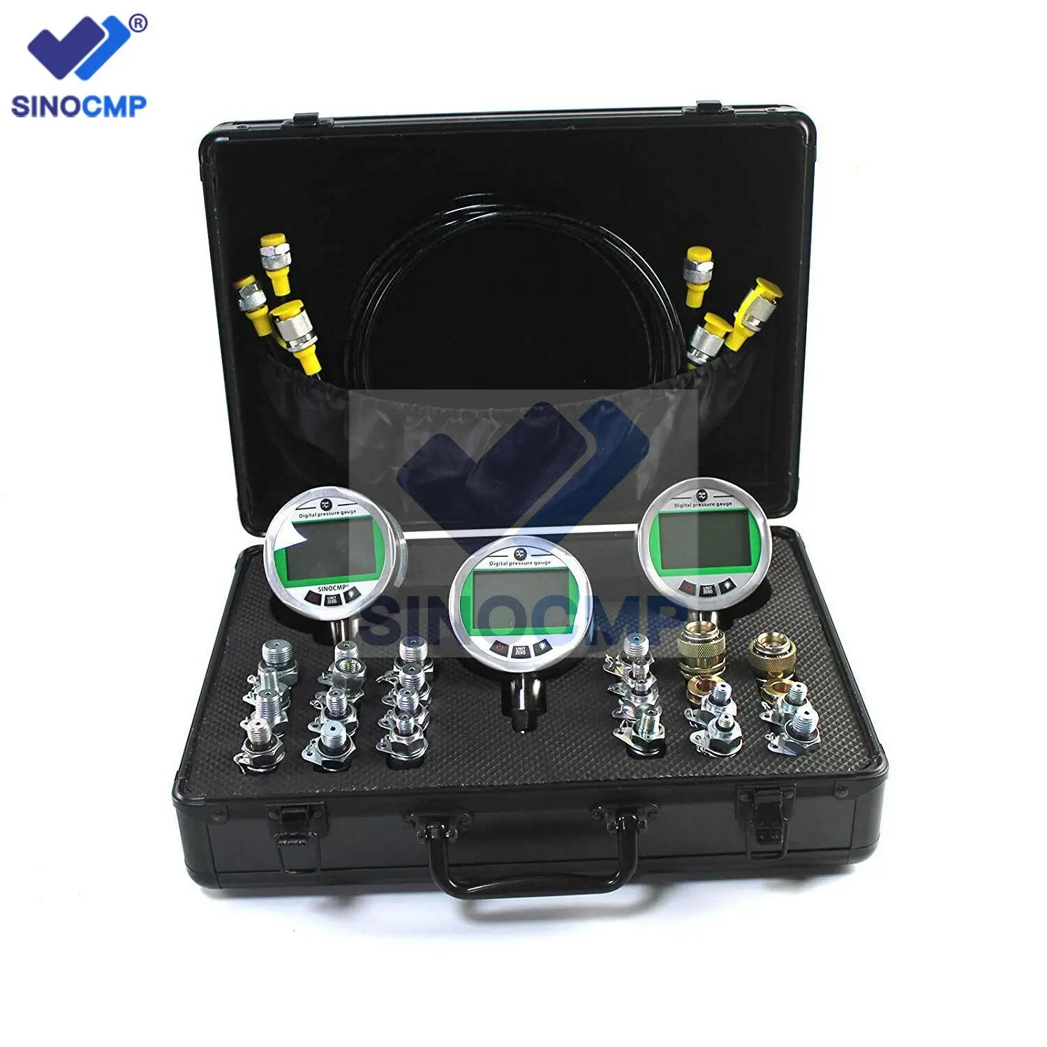 

Hydraulic Digital Pressure Gauge Kit with 3 Gauges 16Mpa 2pcs 70Mpa 3 Test Hoses & 24 Couplings for CAT CASE John Deere Komatsu