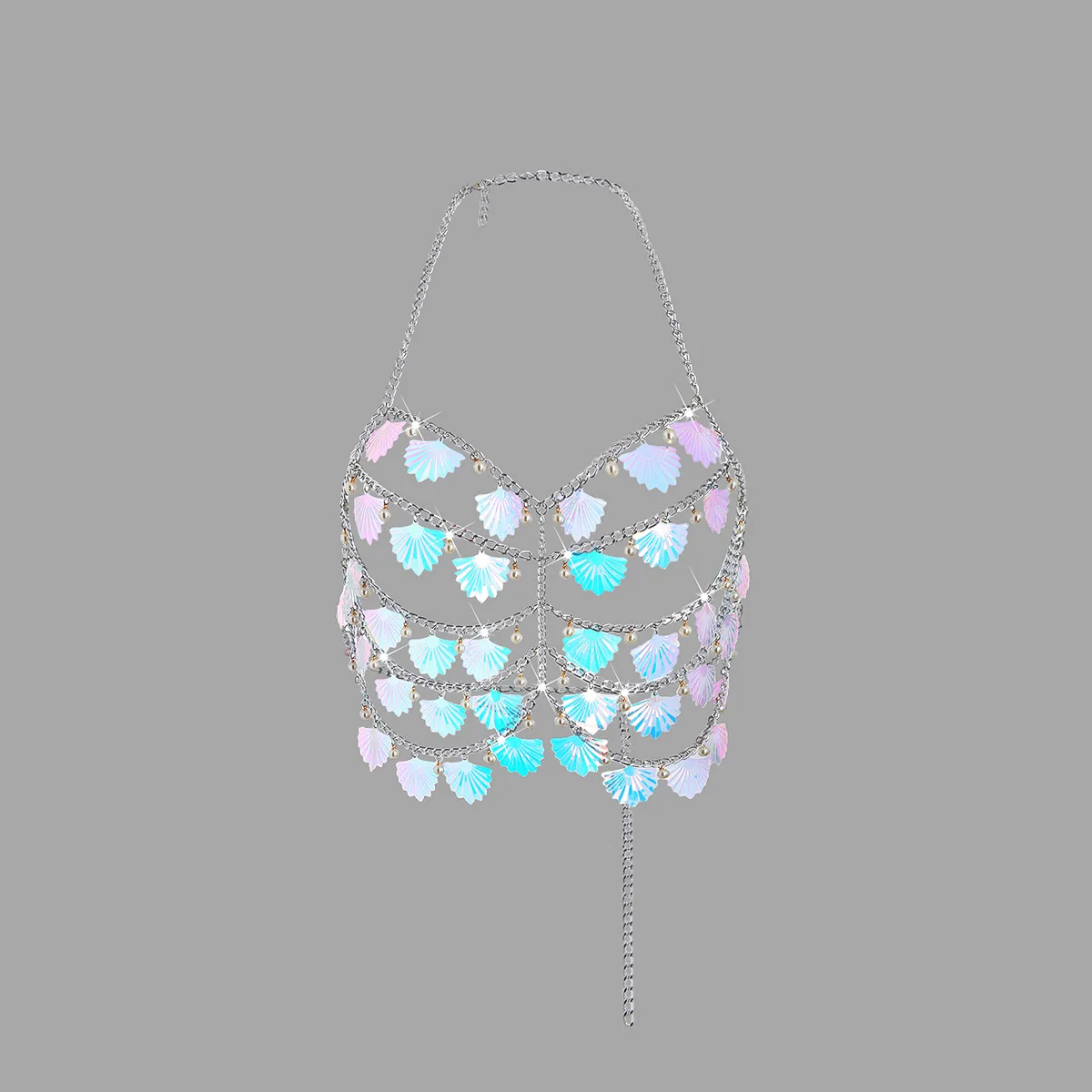 Female Festival Outfit Pearl Bead Corset Bra Top Fashion Jewelry Shell Body Chain Harness Body Chain