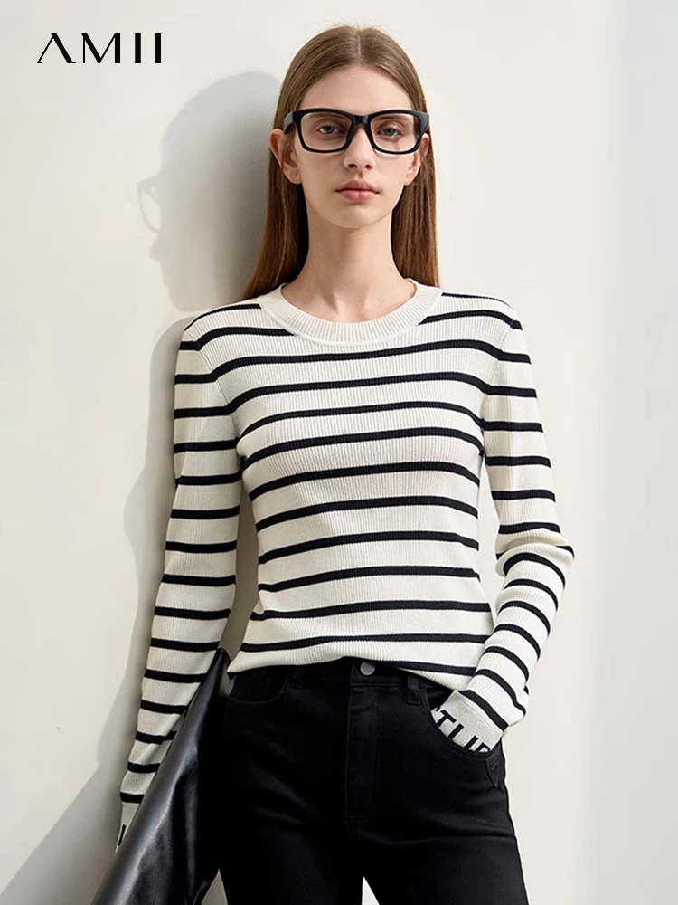 AMII Minimalist Striped Sweaters for Women 2023 Autumn New Slim-fit Base Spliced O-Neck Full-sleeve Female Knitted Top 12344110