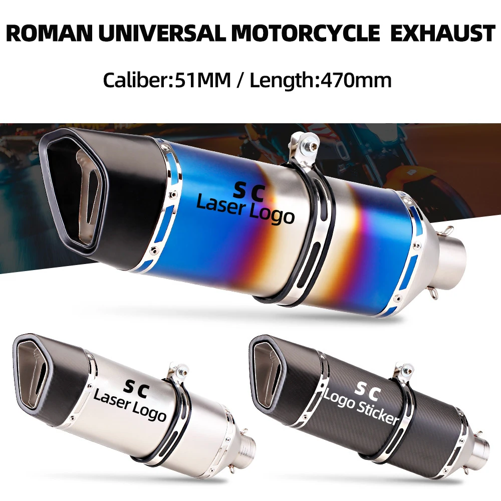 

51mm Roman Motorcycle sc Exhaust Muffler Escape for CBR300 500 CB650R RC390 Z800 Z900 NINJIA250 400 MT09 ZX6R R3 R15 Accessories