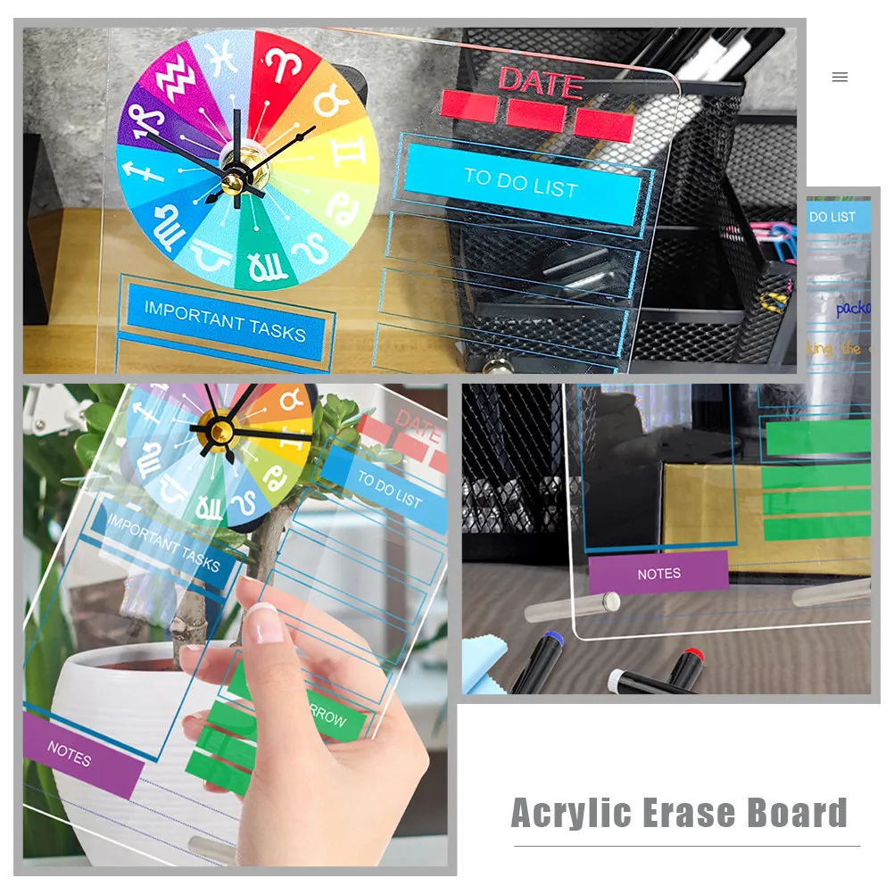 1Set Clear Acrylic Standing Whiteboard with Built-in Clock Desktop Planner Erase Board for Task Management DIY Memo Board Office