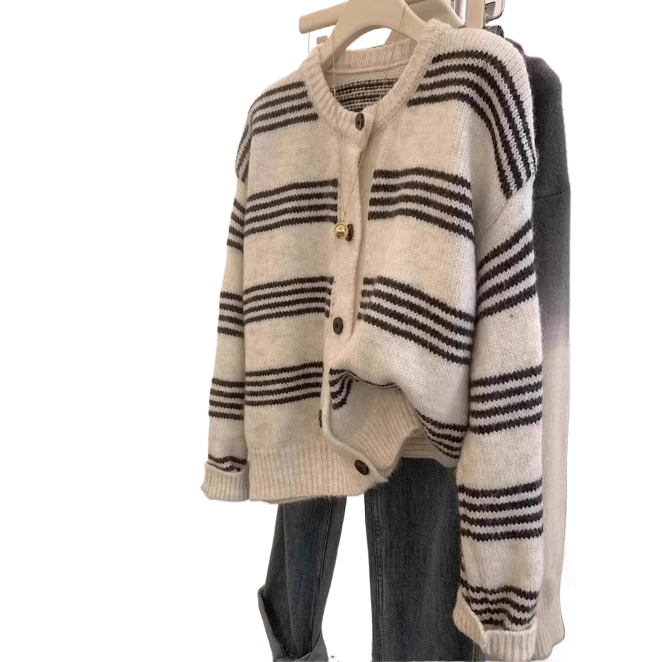 

Striped Knitted Sweater Women Spring Autumn New Soft Round Neck Cardigan Korean Loose Long Sleeved Single Breasted Top