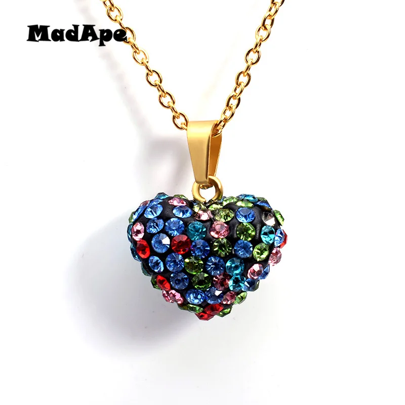 MadApe Multicolor Zircon Heart Pendant Necklace Stainless Steel Chain Choker Women Fashion Pendant & Necklace Jewelry Gold Chain