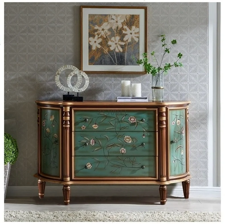 Lemari pintu masuk bergaya Eropa yang elegan, kayu solid, solusi penyimpanan sudut antik