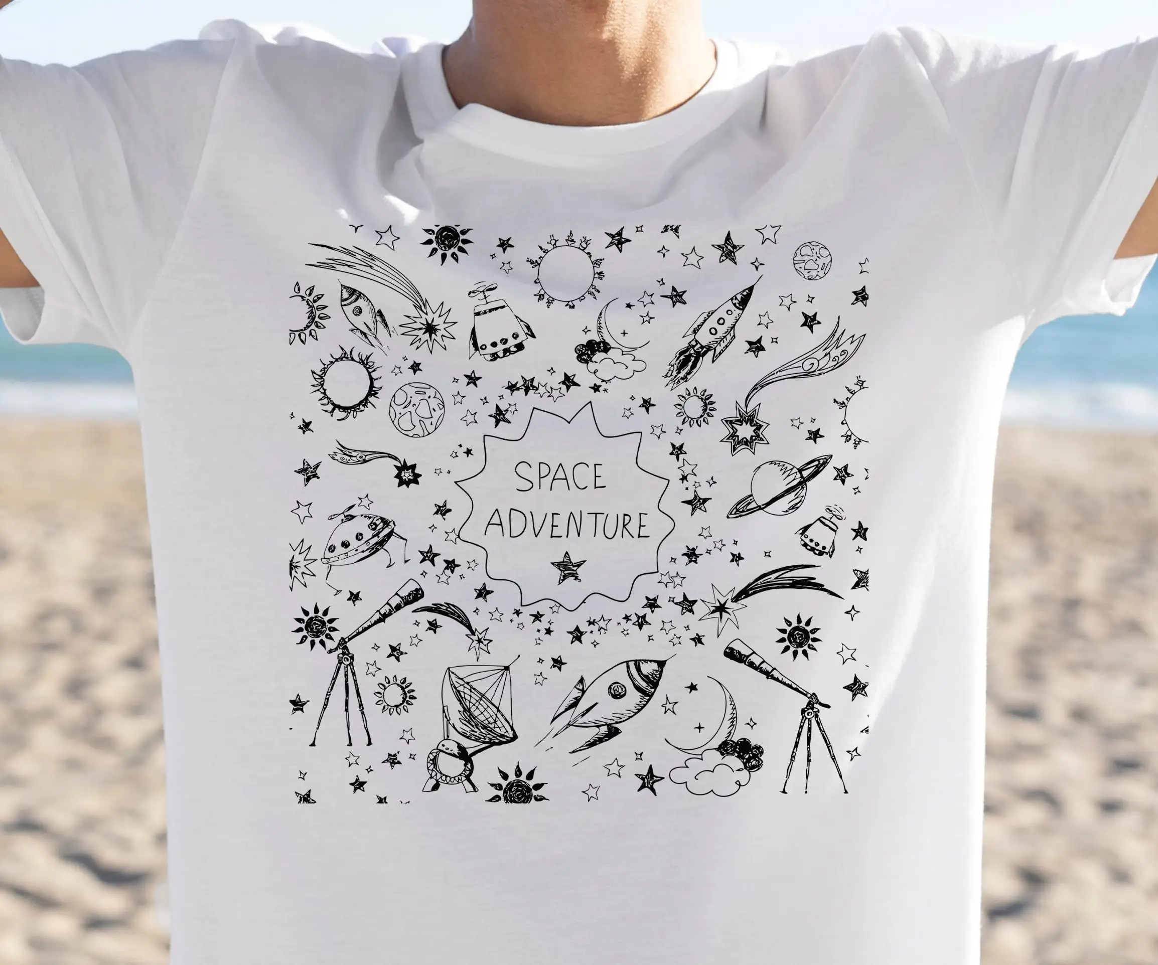 Space Adventure T Shirt Astrology Astronout Lover Design Ufo Rocket Telescope Planet