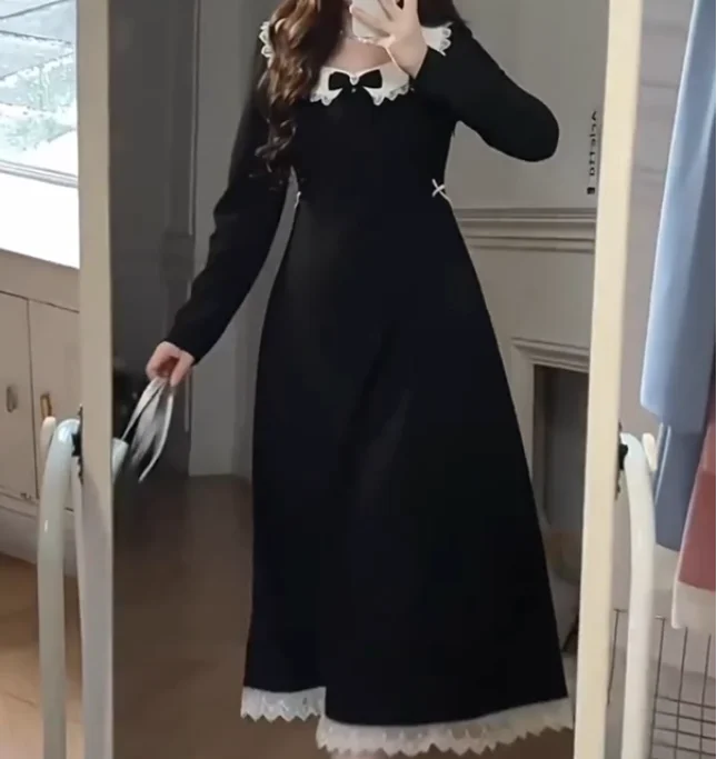 Robe noire à col ras du cou pour femme, grande taille, tempérament français, élégante, taille haute, ligne a, polyvalente, mode, manches longues, automne