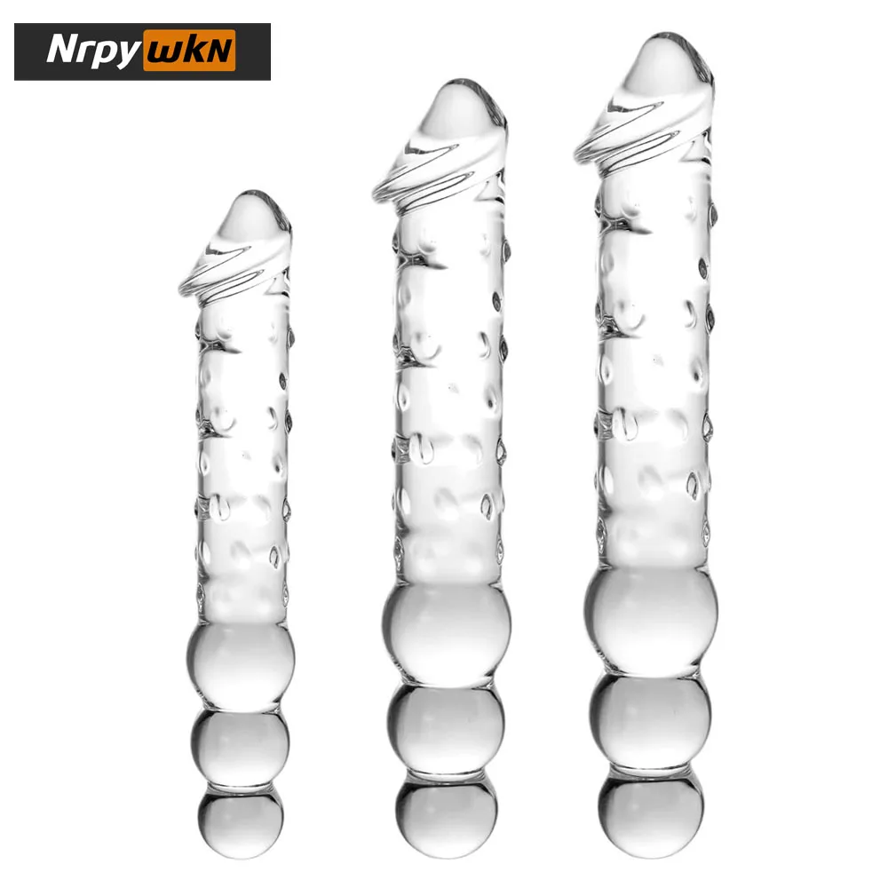 Sex Adult Toys Large Transparent Crystal Immitate Glass Penis Dilddo with 3 Big Beads, Female Masturbation G-spot Anal Plug