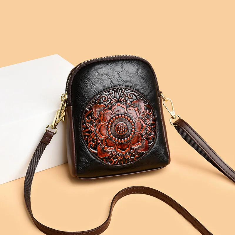 Vintage Ethnic Embossed PU Phone Bag for Women Compact Portable Shoulder Crossbody Bag