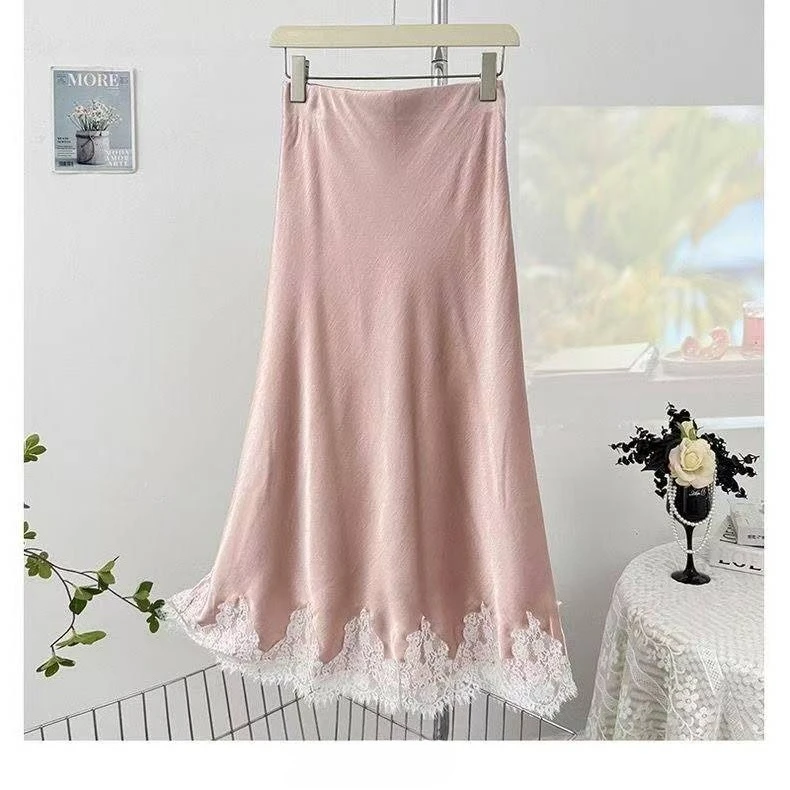 Francês elegante sólido midi saia senhora do escritório rendas retalhos saia casual retro coreano moda midi saia mulher design chique