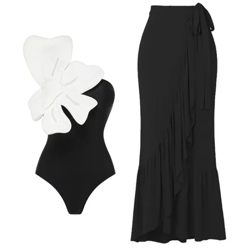 

Цельный купальник для женщин в европейском и американском стиле, с жемчужным цветочным декором, на одно плечо, женский купальный костюм.