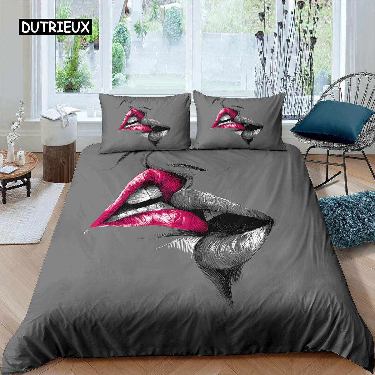 Lip Duvet Cover Pink and Gray Lips Kissing Pattern Comforter Cover Sexy Theme King Size Twin Bedding Set for Women Girls Lovers