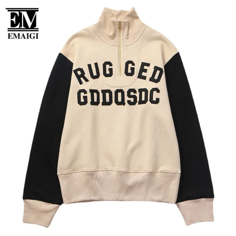 

American Casual Wear Men Women Japan Streetwear Vintage Fashion Amekaji Letter Embroidery Velvet Thicken Zipper Sweatshirt Male