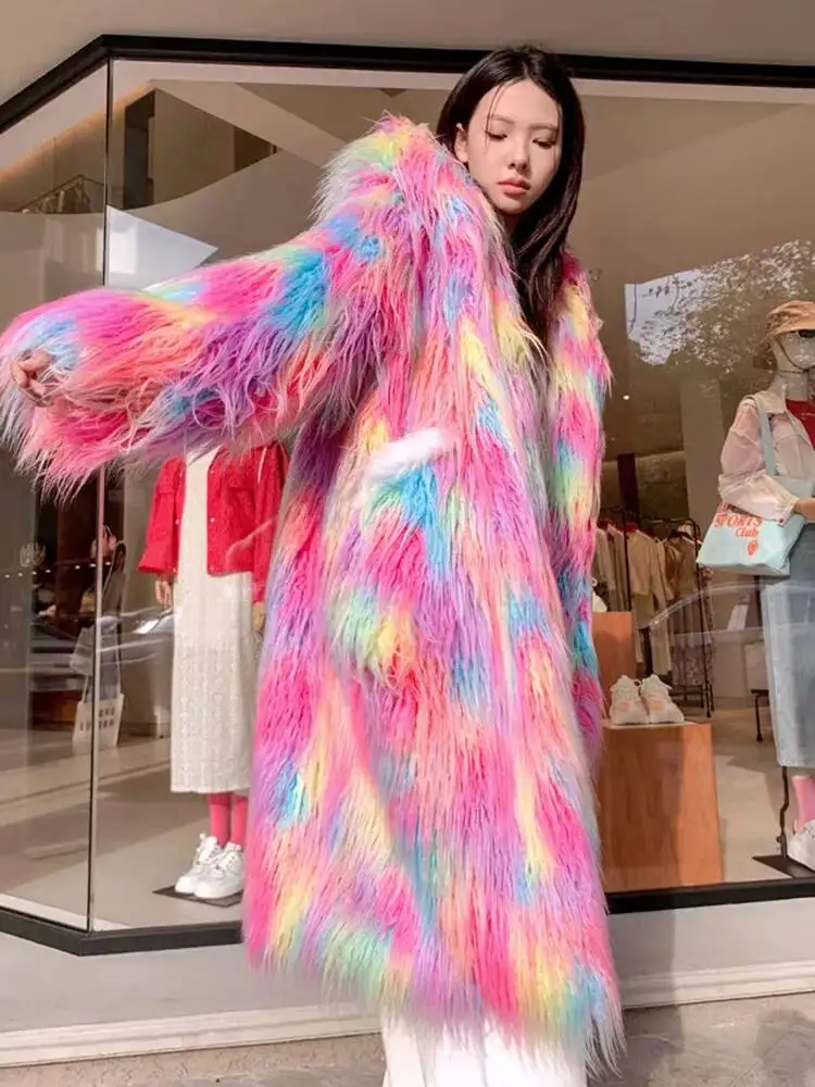 Fashion Imitation Mongolia Sheep Fur Colorful Furry Coat Women's Lapel Loose Lpush Thick Overcoat Winte 0LLJ