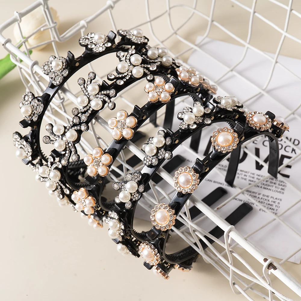 Pearl Flowers Hair Bands For Women Non-Slip Headband Rhinestones Hair Hoop Hairband Hairstyle Double Bangs Hair Accessories