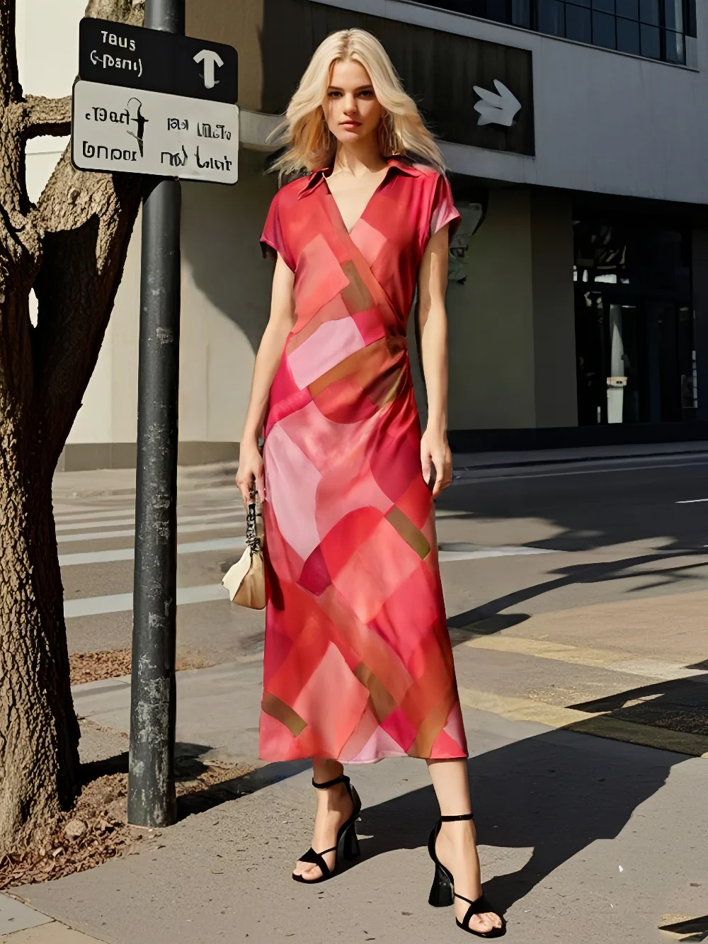 

PB&ZA New Style Women's Short Sleeve Collared Wrap Maxi Dress with Asymmetric Ruched Design and Geometric Print