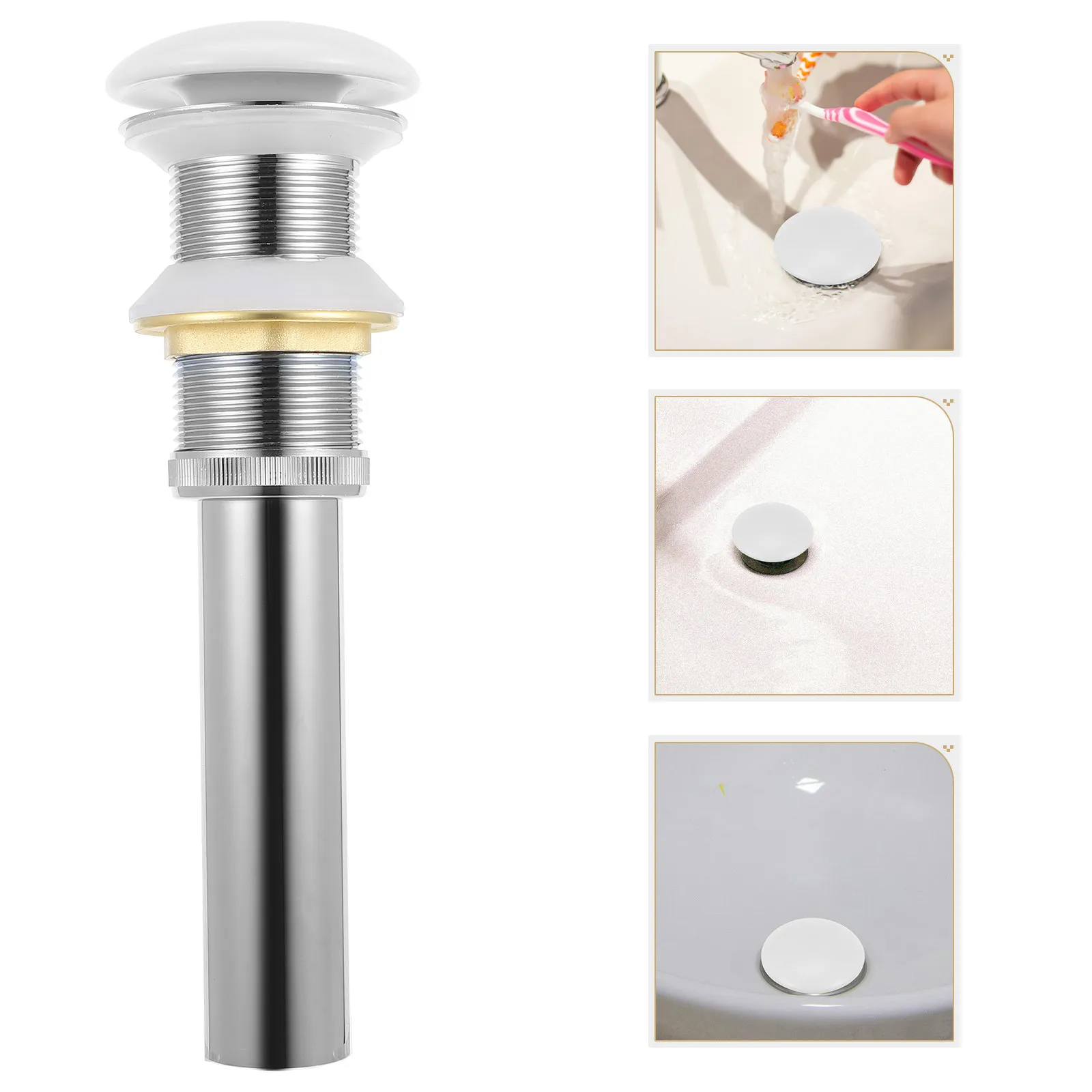 Ceramic Sink Drain Stopper Slotted Push Button Pops Up Waste Plug for Basins Overflow White Ceramic Cover Bathroom Sink Drain