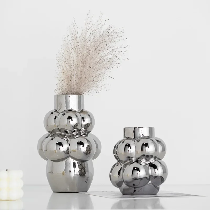 Silver Electroplated Bubble Ball Ceramic Flower Vase Viral Photo Prop Creative Floral Container Home Desktop Decor Wholesale