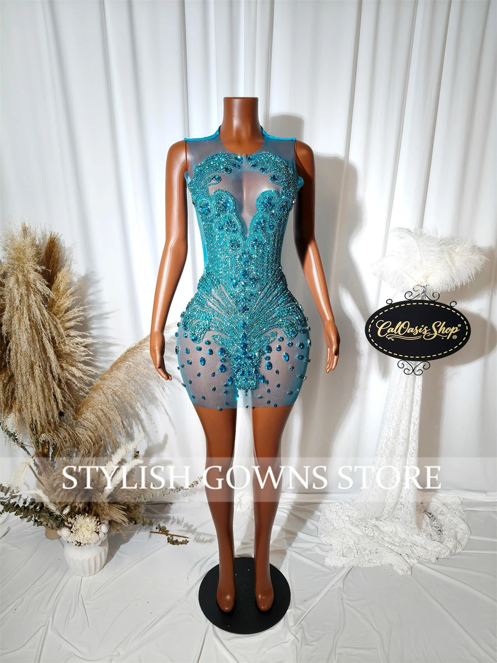 Shinny Blue Rhinestone Prom Dresses For Women O-neck Sparkly Black Girl Birthday Outfits Sheer Neck Short Party Dress Customized