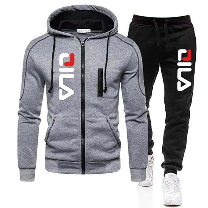 New Solid Men\'s Zipper jacket Hooded Pullover + Sweatpants Sports Casual Jogger Sportswear 2 Piece Male Fleece Streetwear Sets