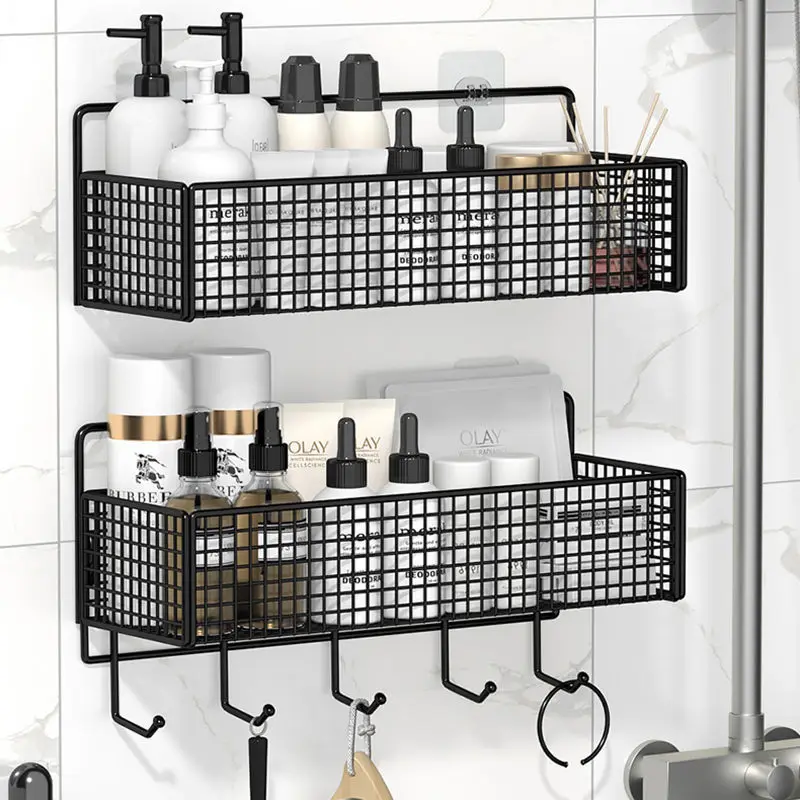 

Bathroom Wall-Mounted Shelf Shower Shampoo Soap Storage Rack Hook Kitchen Condiment Spice Jar Rack Bathroom Organizer Shelves