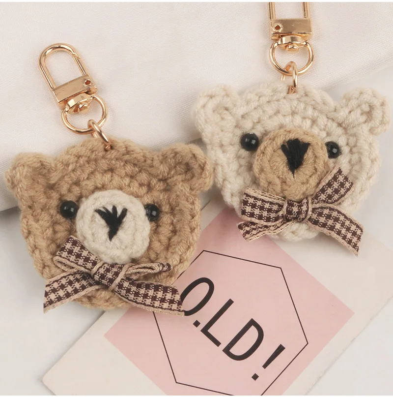 Cartoon Plush Bow Tie Bear Keychain Cute Knitted Animal Keyrings For Women Earphone Case Pendant DIY Friendship Gifts Wholesale