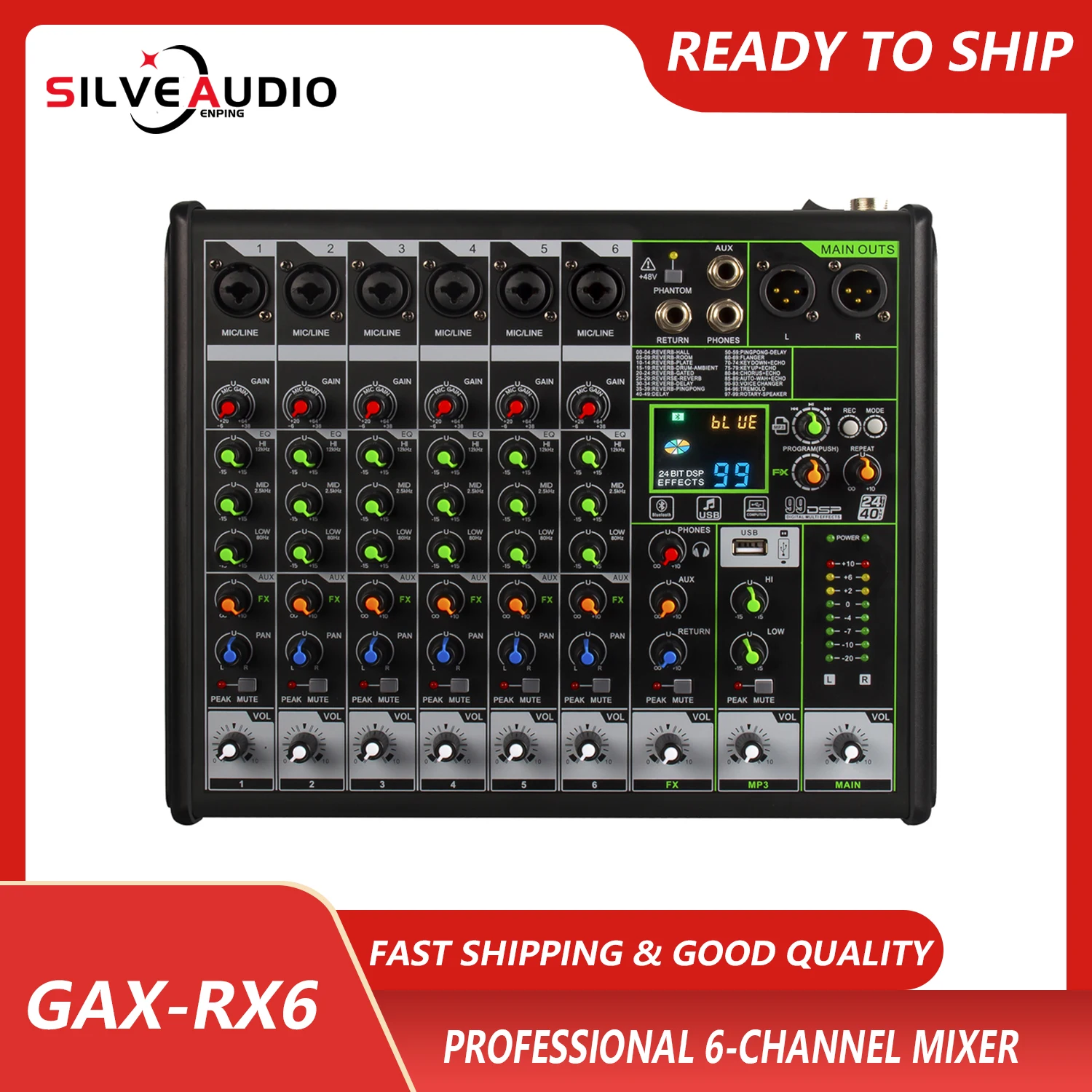 

GAX-RX6 Professional 6 Channel Audio Mixer With 48V Phantom Power DJ Mixer Mute Button For Live Streaming Podcasting