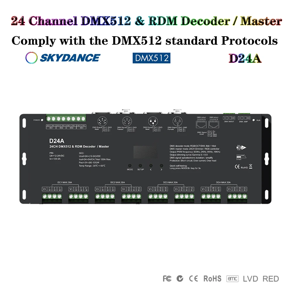 

Skydance D24A DC12-24V 24-канальный контроллер OLED-дисплея DIM/CCT/RGB лента диммер сценический светильник RDM DMX512 декодер Master