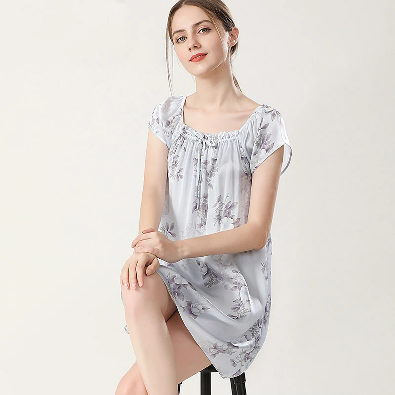 100% Mulberry Silk Pajamas for Women Summer Short Sleeve Nightgown Plus Size Loose Breathable Loungewear Sleepwear