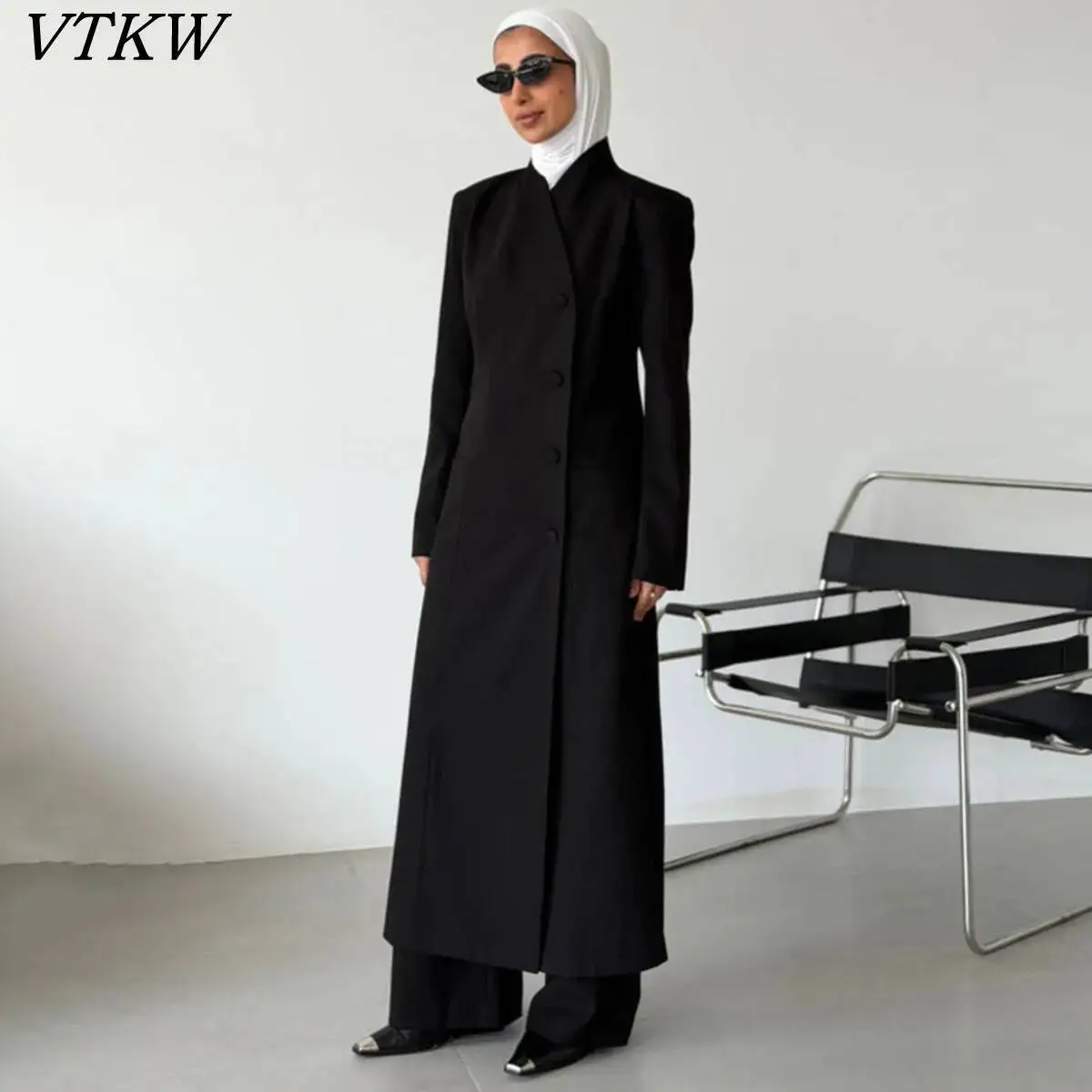 

VTKW 2026 Women Asymmetric Longline Blazer Stand Collar Buttoned Maxi Coat Long Sleeve Slim Fit Elegant Muslim Abaya Outerwear