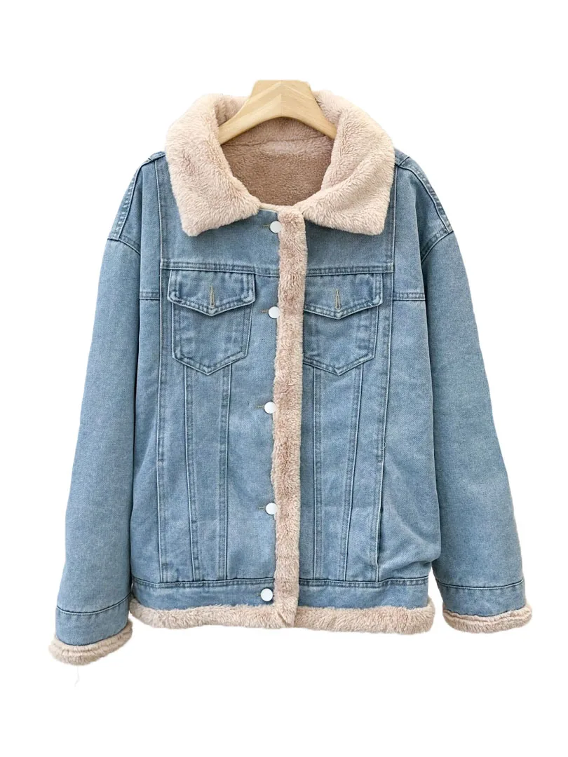 

Denim jacket lapel short loose version splicing single-breasted design warm and comfortable 2023 winter new 1213