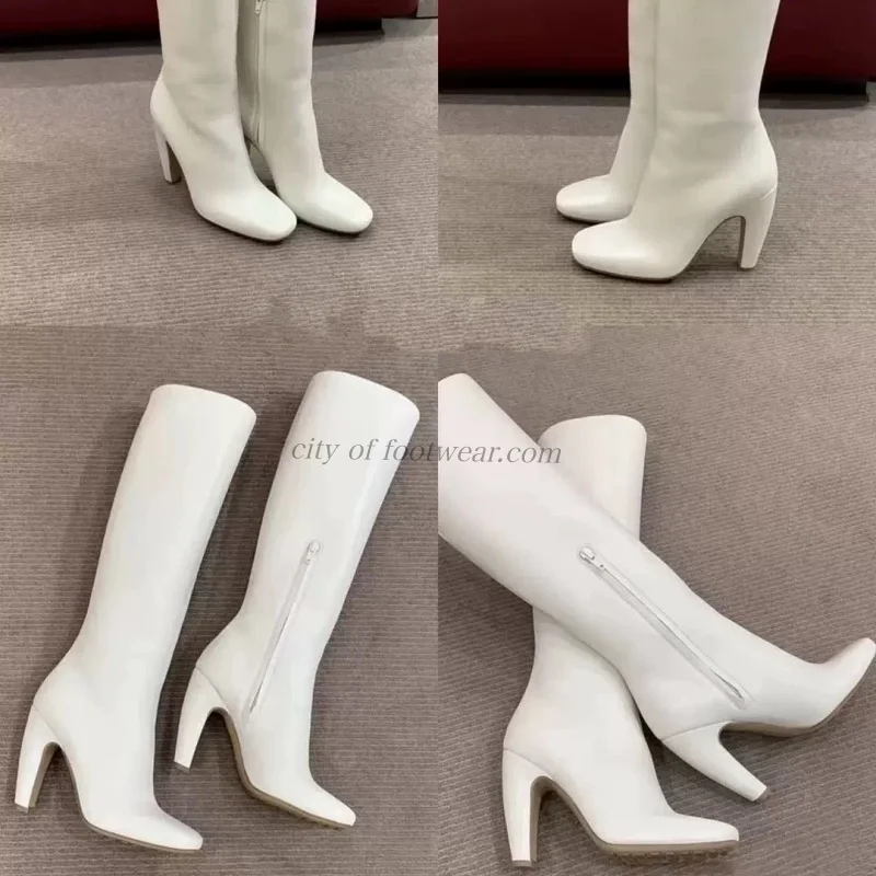 

Women's White real leather chunky heel knee high boots black/sliver zipper luxury designer sexy long boots comfy party shoes