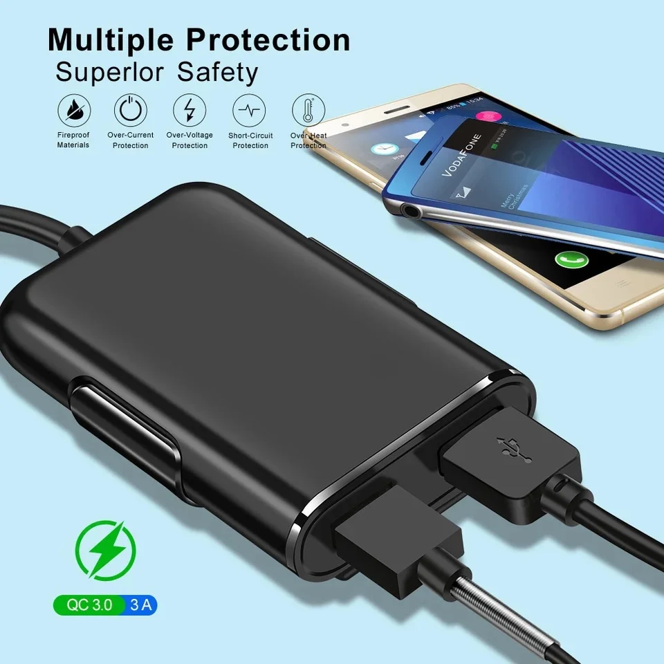 40W 4 Port USB Car Charger QC3.0 Fast Charging Extension Cable Multi Port Universal 12V 24V Adapter For iPhone Android Dash Cam