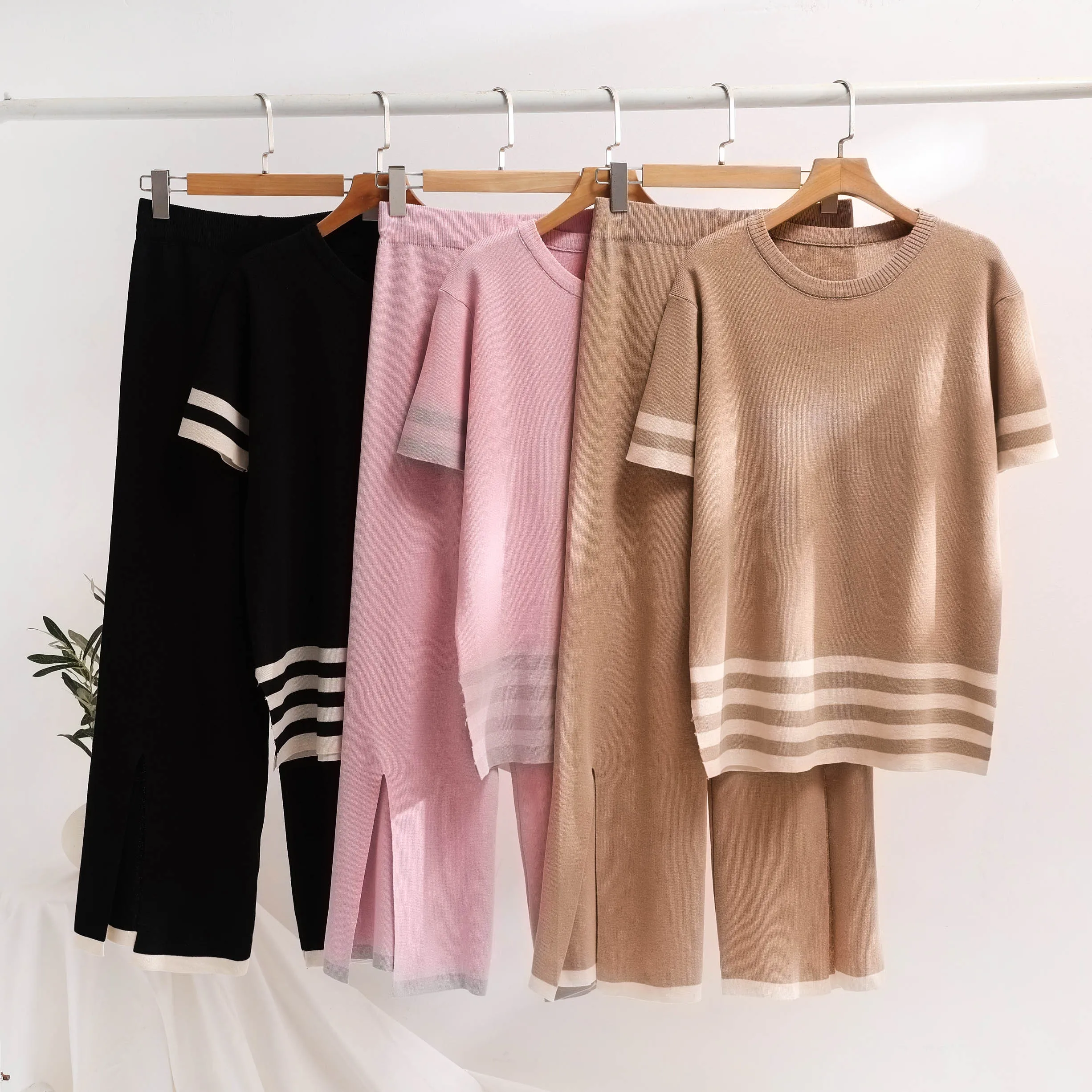 2 Piece Knitted Sets Women Outfit Stripe Pullover + Split Wide Leg Pants Jogging Sets Women Summer Tracksuit Suit 