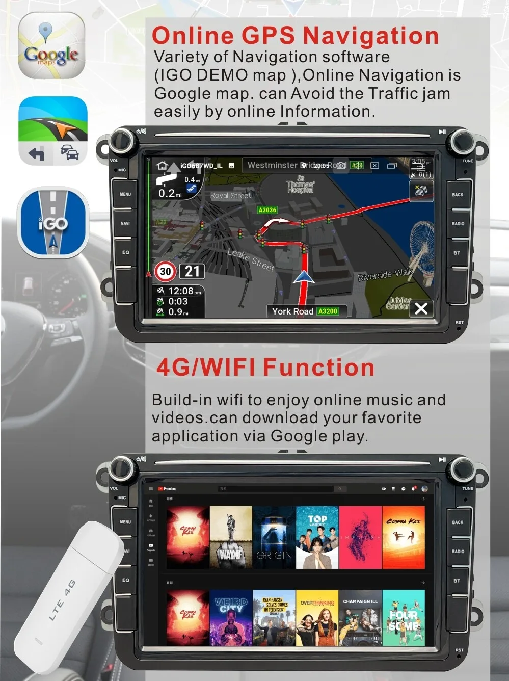 KASTNAVIN 8インチカーステレオCarPlay Android Auto対応 VW Golf 4 Golf 5 Pasat B6 B7 Polo Touran用 ビデオ GPS ラジオ WIFI BT搭載